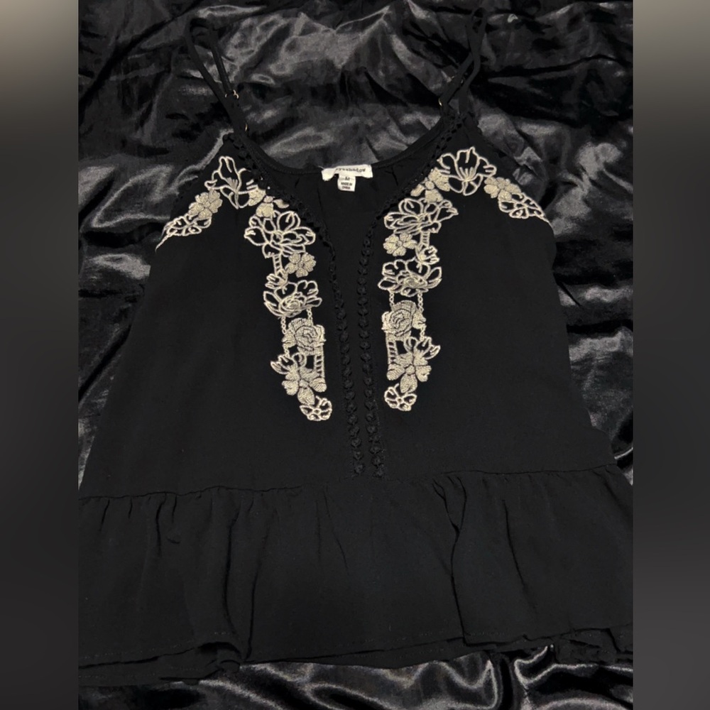Black Top with Embroidery and Lace Eyelets